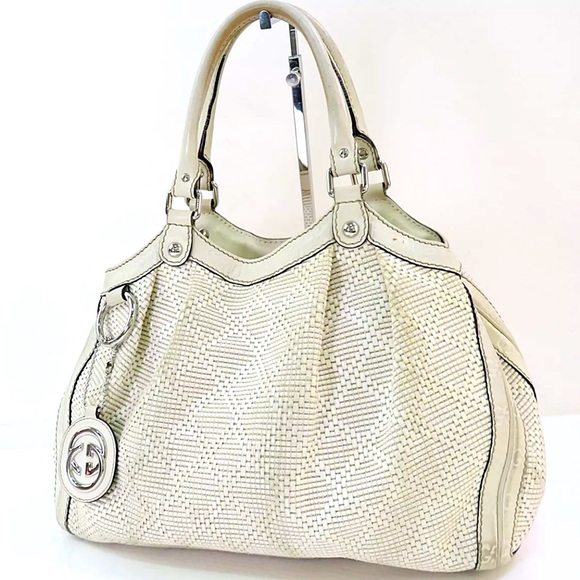 Gucci Handbags - Authentic Gucci Off White Sukey Straw Canvas Hobo Hand Tote Bag Purse.